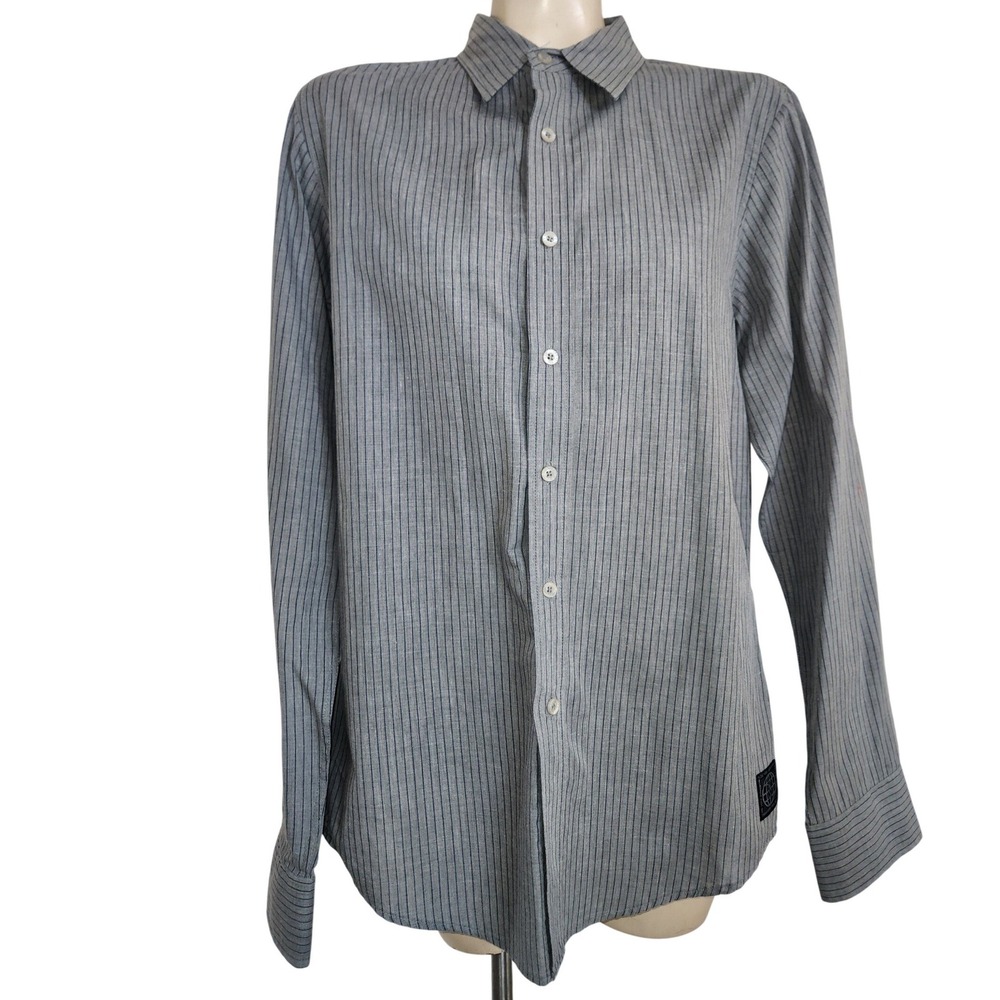 Zoo York Mens Grey Navy Pinstripe Long Sleeve‎ Button Down Shirt M 90s retro Y2K